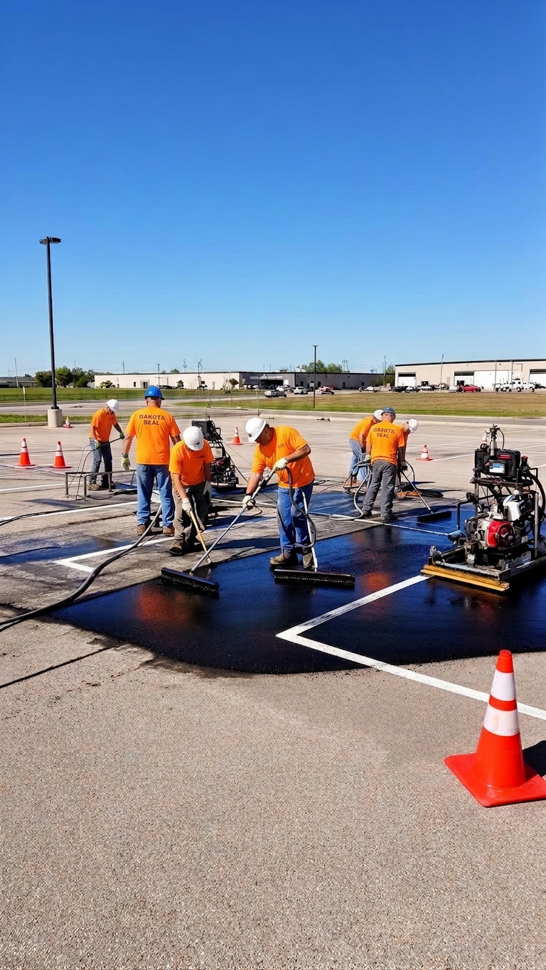 Dakota Seal crew applying seal coating on a Sioux Falls asphalt parking lot